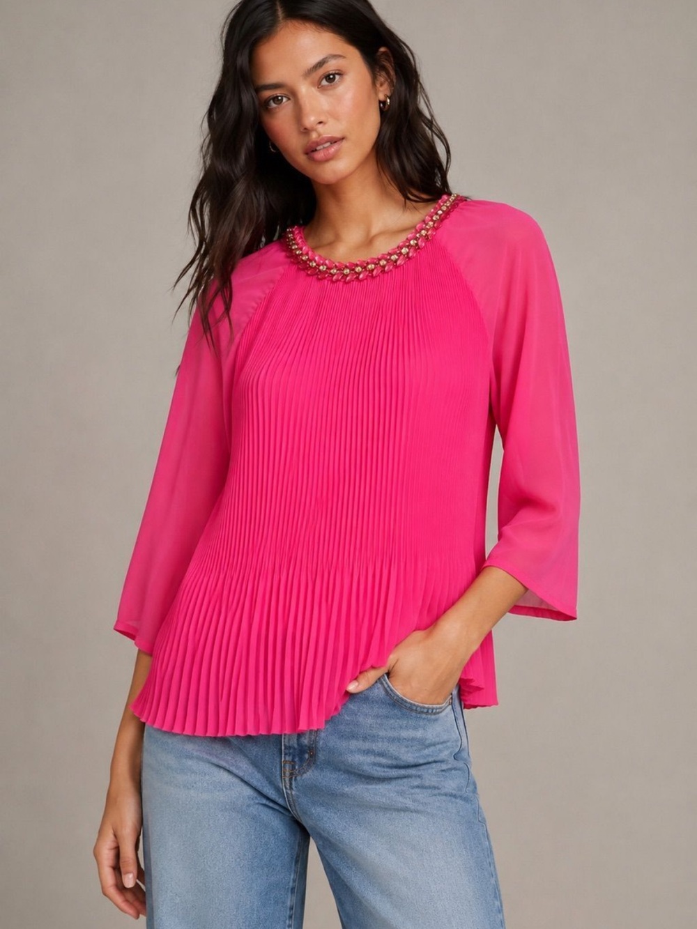 Ted Baker Fuchsia Pleated Blouse with Embellished Neckline